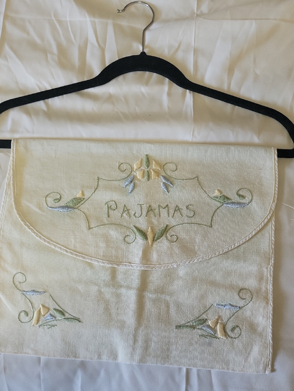 Embroidered Pajamas Wall Pocket in Cream with Pastel Accents Hanger Not Included
